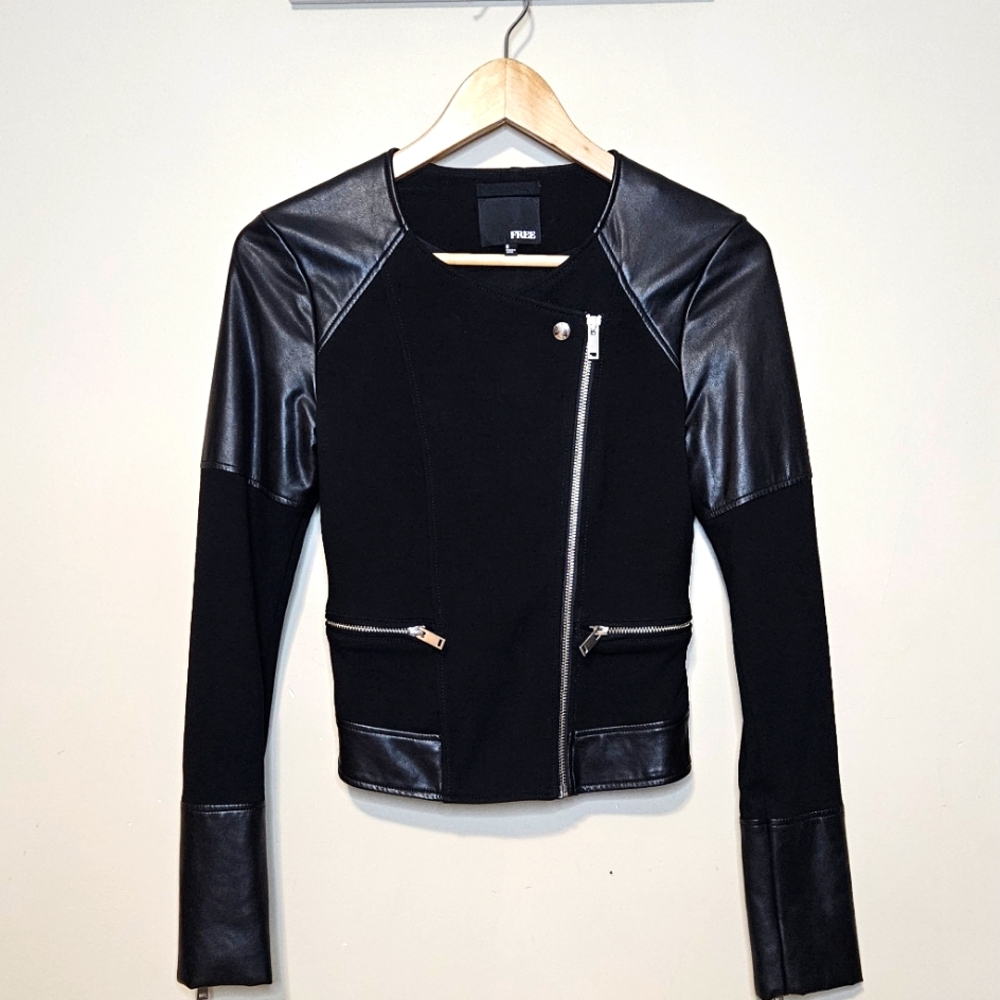 Wilfred Free Black Moto Jacket Faux Leather Full Zip Stretch Body and Arms Sz S